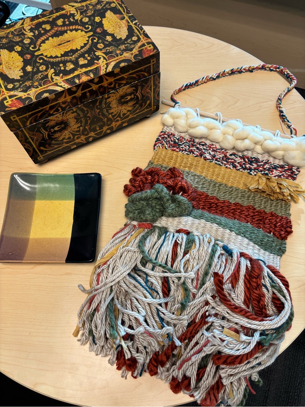 Handwoven Boho Wall Hanging, ornate vintage box and candle plate